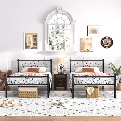 Twin Size Metal Bed Frame with Headboard - 14 Inch Platform Mattress Foundation, Easy Assembly, Black - Variation of Black / Twin*2