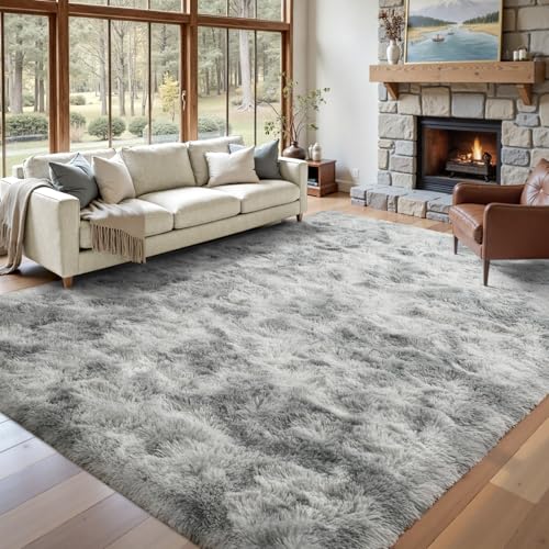 Grey Tiedye 8x10 ft Fluffy Shag Rug - Non-Slip Area Carpet for Living Room & Bedroom
