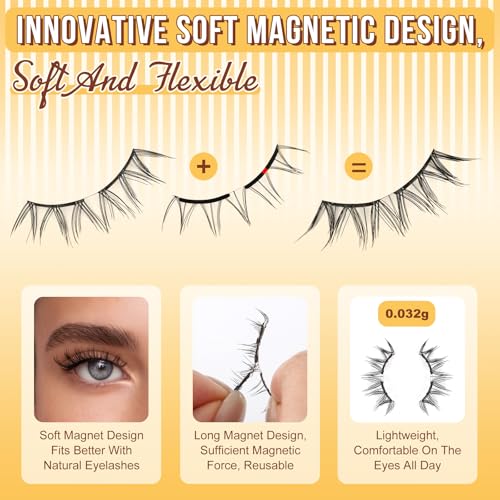 QUEWEL Magnetic-Eyelashes with Applicator, Upgrade 1 Pair Soft Magnetic Lashes, No Glue Needed Reusable Magnetic Eyelashes So Soft and Suitable for Beginners (Soft-Magnetic-A)
