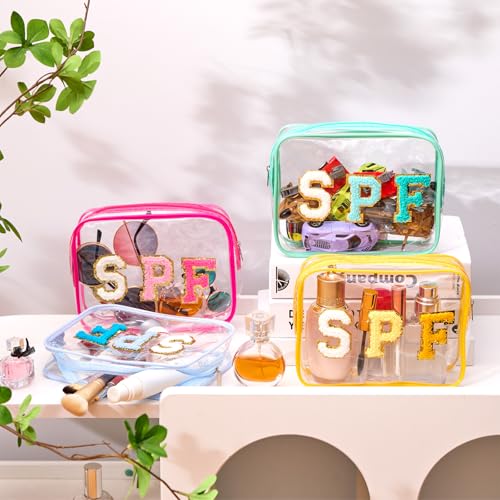 Kacctyen 12 Pack Waterproof Clear Makeup Bags with Chenille Letter Patches - Summer Travel Toiletry Organizer in 6 Colors
