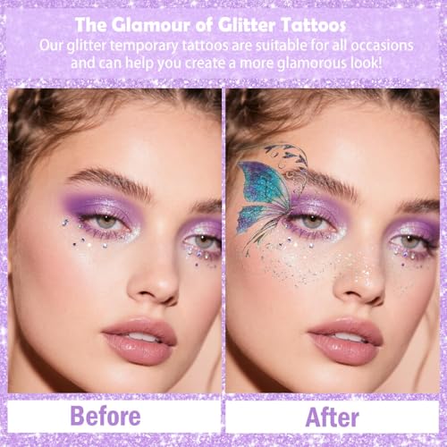 Yosca Butterflies Glitter Tattoos, 14Pcs Sparkle Butterfly Temporary Tattoos, 6Pcs Metallic Gold Silver Glitter Freckles for Eye Face Makeup Mermaid Butterfly Party Favors Butterflies DIV Accessories