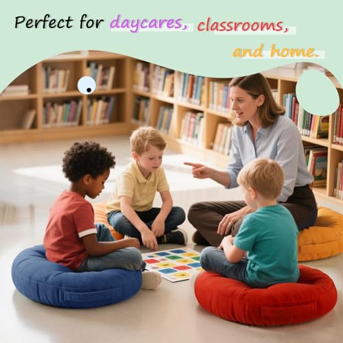 Degrees of Comfort 15-Inch Round Kids Floor Cushions - Pack of 8, Portable Classroom Seating