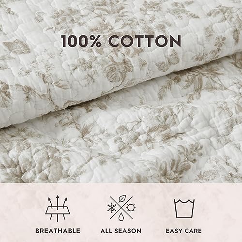 Queen Quilt Set with Matching Shams - Reversible Floral Cotton Bedding - Walled Garden Brown