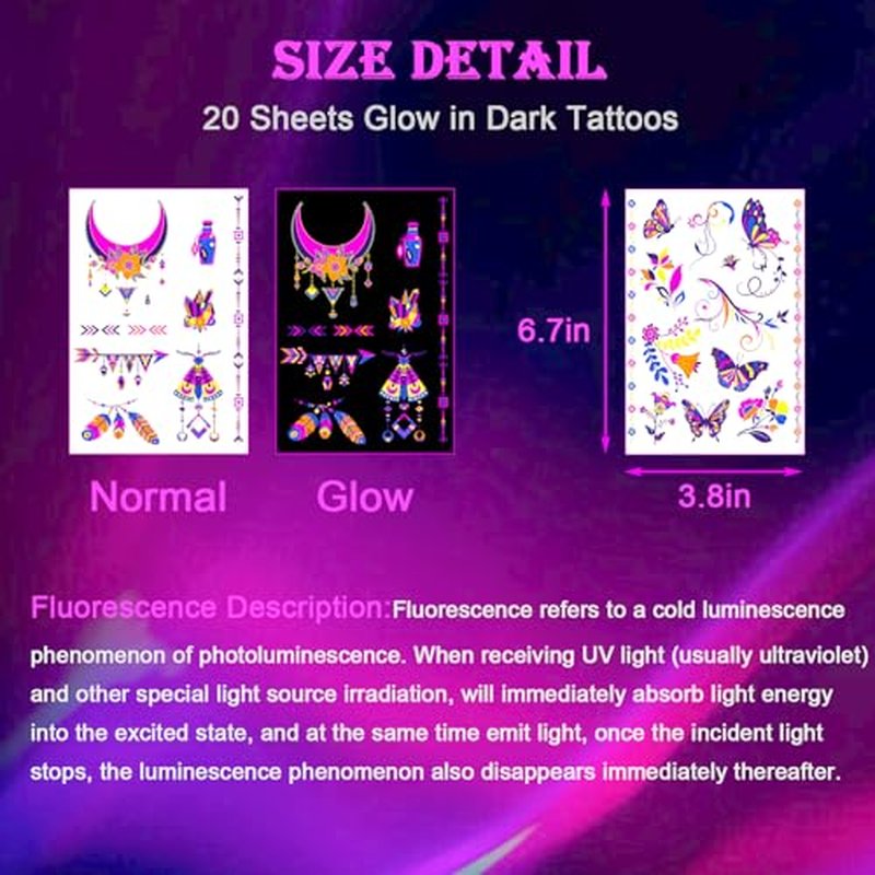 20 Sheet Glow in The Dark Temporary Tattoos - 200+Styles Fluorescence UV Neon Waterproof Body Face Fake Tattoo Stickers for Adults Women Men Kids Rave Festival Accessory Party Supplies Decorations