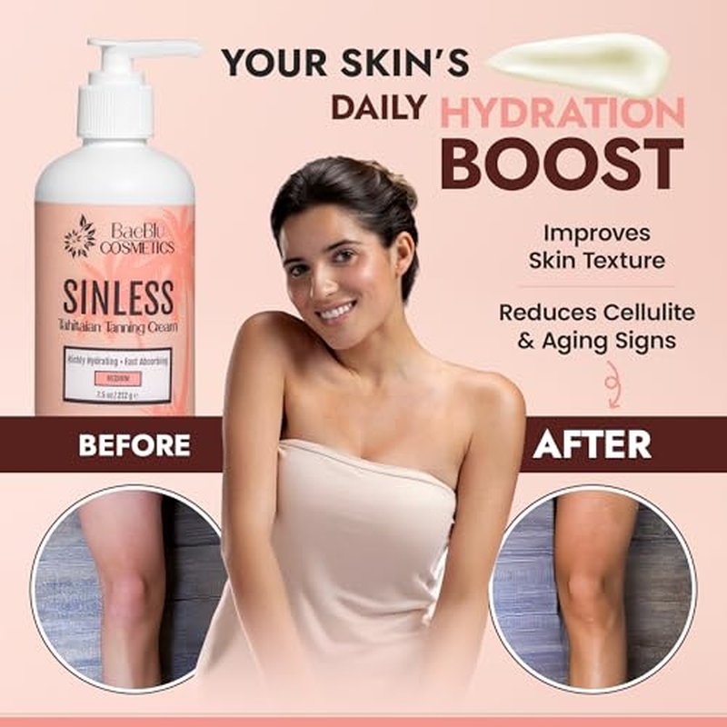 BaeBlu - Sinless Tahitian Self Tan Lotion - Sunless Tanning Lotion with Hydrating Monoi de Tahiti & Coconut Oils for Streak-Free, Golden Tan - No Orange, No Synthetic Fragrance - Vegan & Cruelty-Free