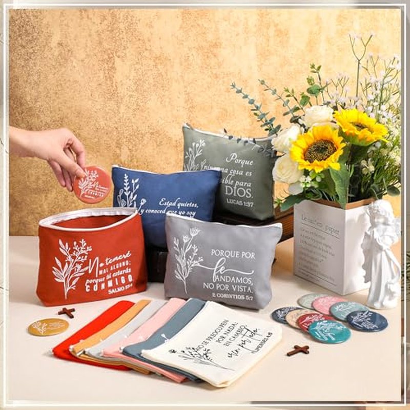 Kacctyen Spanish Christian Easter Gifts for Women Bulk Bible Verse Makeup Bags Religious Gift Regalos Cristianos Para Mujer Canvas Pouch Compact Mirrors Mother's Day Church Gift(Morandi Color,10 Sets)