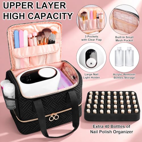 Nail Polish Organizer Bag Holds 80 Bottles with Lamp & Accessories - Black