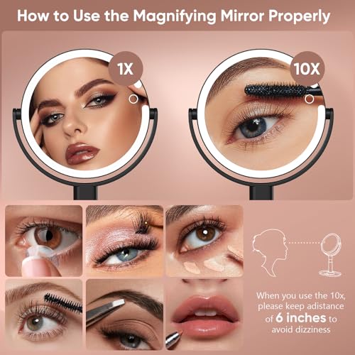 Lighted Makeup Mirror with 10X Magnification, Rechargeable LED Magnifying Vanity Mirror with 3 Lights, Adjustable Height, Storage Base and Phone Holder, Gifts for Women, Black, 7 inch