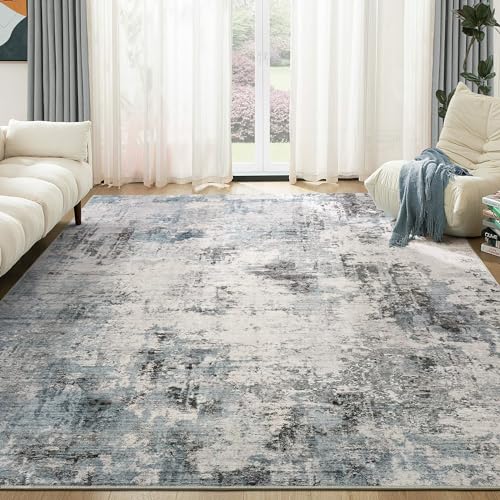 Grey Blue Washable 9x12 Area Rug for Living Room - Modern Abstract Home Decor