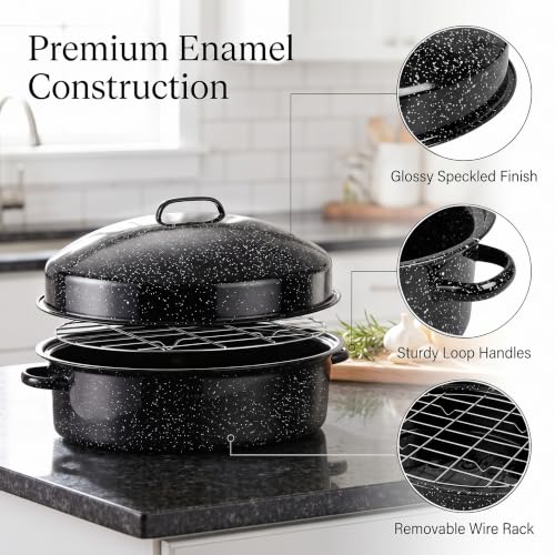 19.5-Inch Black Enamel Roasting Pan with Lid & Rack - Oval Turkey & Holiday Roast