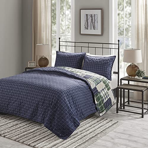 Timber Green/Navy 3 Piece Reversible Quilt Set for Queen Bed - Farmhouse Style