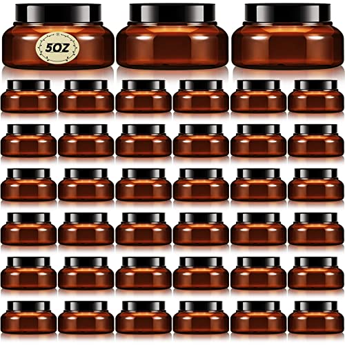Amber 36 Pack 5 oz Refillable Plastic Lotion Containers with Lids - Leakproof Cosmetic Jars