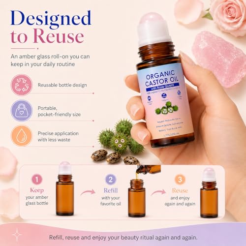 Organic Castor Oil Rose Quartz Roller Ball – 1.7 Fl Oz, Cold Pressed, Hexane-Free, Facial & Skin Care, Anti-Aging, Under Eye Puffiness, Variation 2