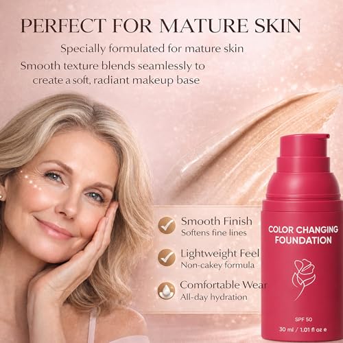 Color Changing Foundation with SPF 50 - Hydrating Liquid Makeup for Mature Skin