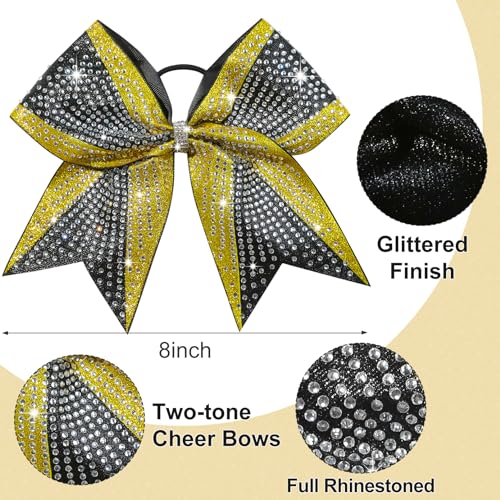6 Pack Large Glitter Gold and Black Cheer Bows - Rhinestone Hair Accessories for Cheerleaders, Sports Teams, Girls, 8 Inch