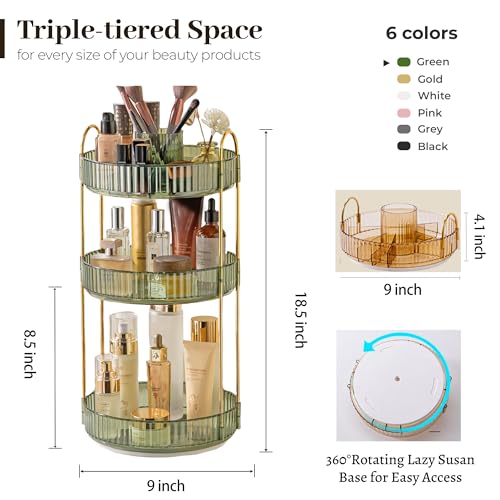 Gem Green 3-Tier Rotating Makeup Organizer for Vanity & Perfume Storage