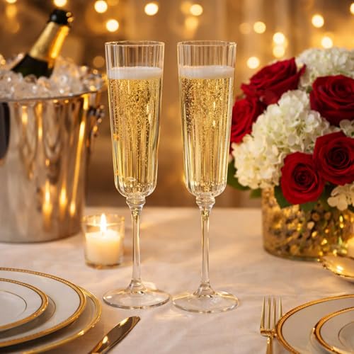 Clear Plastic Ribbed Champagne Flutes Set of 100, 6.4 oz Disposable Drinkware for Parties