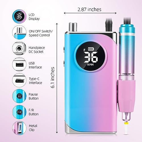 Electric Nail Drill Professional:40000RPM Electric Nail Drill Machine,Rechargeable Nail Efile for Acrylic Gel Nails, Manicure Pedicure Polishing Shape Tools for Salon Home Use