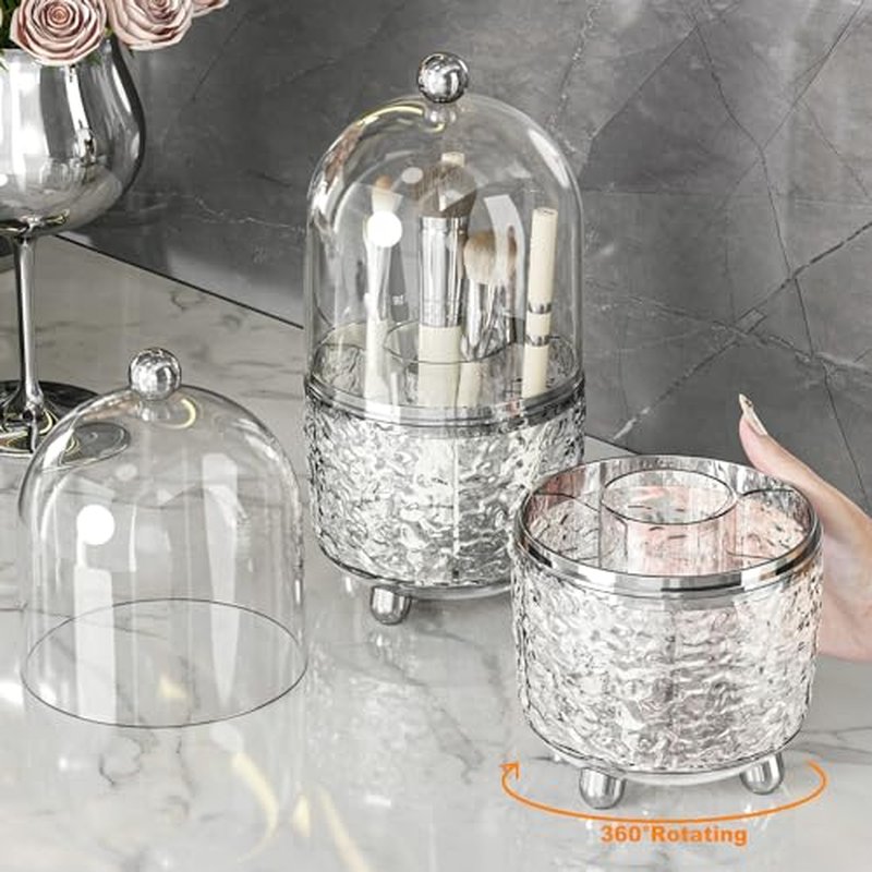 360 Rotating Makeup Brush Holder with Lid Dustproof Spinning Brush Storage for Bathroom Countertop, Cosmetic Tools Organizer with Cover for Vanity (Clear)