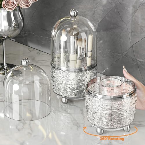 CHIRISEN Gray 360° Rotating Makeup Brush Holder with Lid - Dustproof Cosmetic Organizer