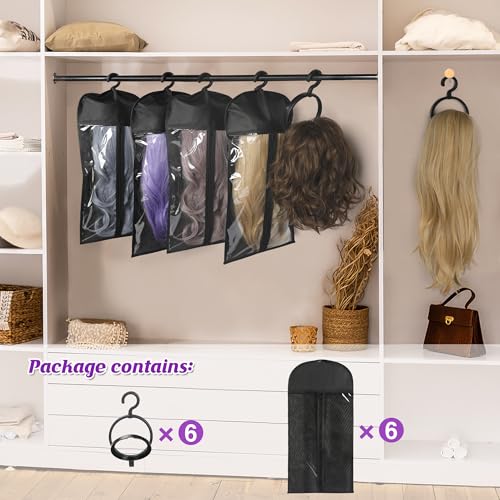 6PCS Wig Storage Bags with Hangers Dust-Proof & Foldable for Travel & Home - Black