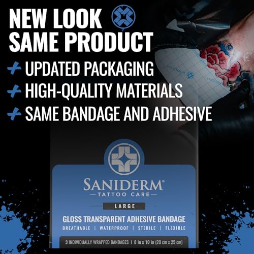Saniderm Tattoo Aftercare Bandage 8 x 10 Inch Pack of 3 Waterproof Sterile Latex-Free