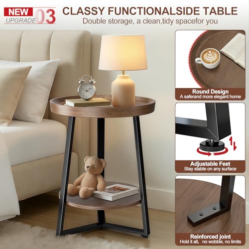 Walnut 2-Piece Round End Table Set with Tray Top and Child-Safe Edges - Modern Farmhouse Style