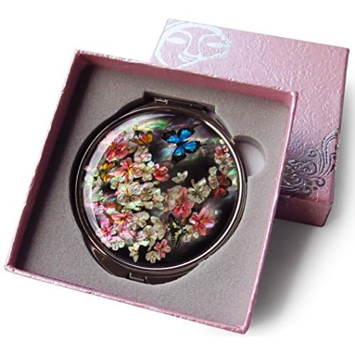 MADDesign Mother of Pearl Makeup Compact Mirror Dual Folding Magnify Apricot Flower Butterfly
