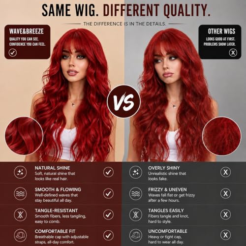 Red Wavy Curly Wig with Bangs - 26 Inch Long Synthetic Hair for Women - Variation of THIS listing