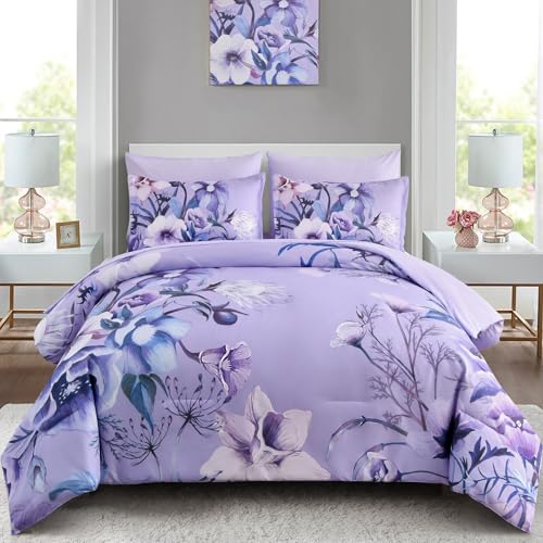 Luxudecor Queen Lavender Floral Comforter Set 7 Piece Bed in a Bag