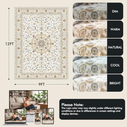 Beige 9x12 Washable Rug with Non-Slip Backing for Living Room
