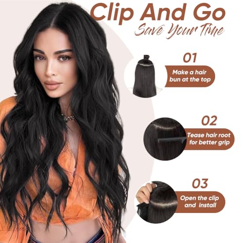Soumnia 4PCS Black 24-Inch Soft Wavy Clip-In Hair Extensions - Model 1B#