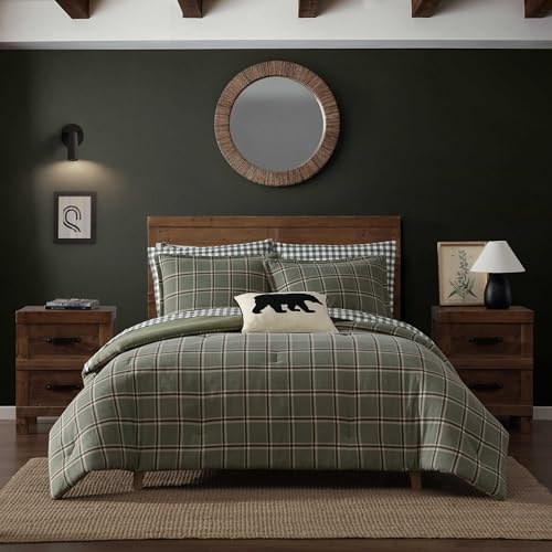 Queen Comforter Set with Shams - Alpine Plaid Green Flannel Bedding