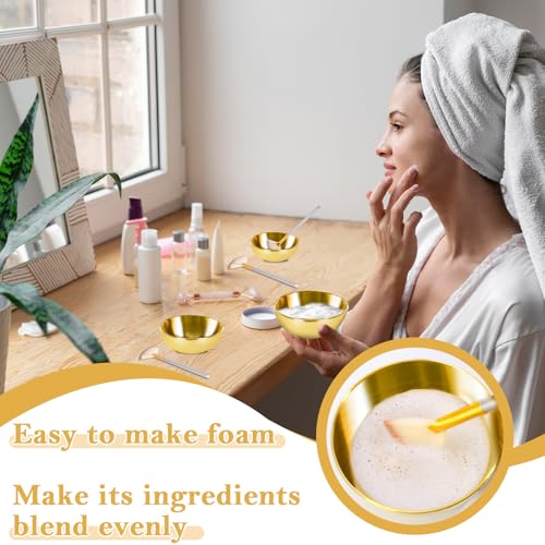 8 Pcs Gold Facial Bowl and Brush Set 4 Gold Stainless Steel Mixing Bowls 4 Facial Fan Brushes Esthetician Face Mask Brush for Mud Cream Makeup Spa Salon (8 Pcs)