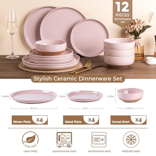 Cloud Pink Dinnerware Set for 4 - 12 Pieces Ceramic Plates & Bowls