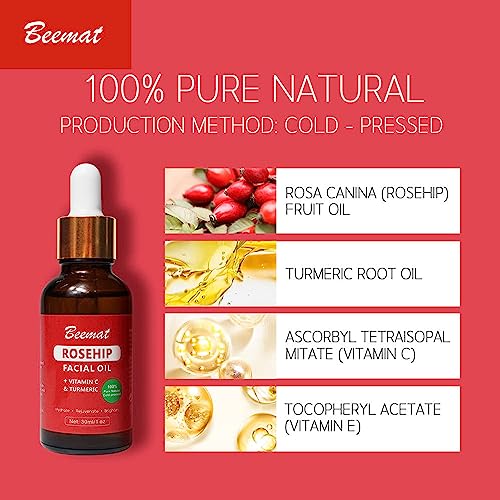 Rosehip Vitamin C Face Oil w/Turmeric 100% Natural Skin Care Facial Oil Cold Pressed Rosehip Oil for face For Brightening Hydrating & Rejuvenating 1oz/30ml