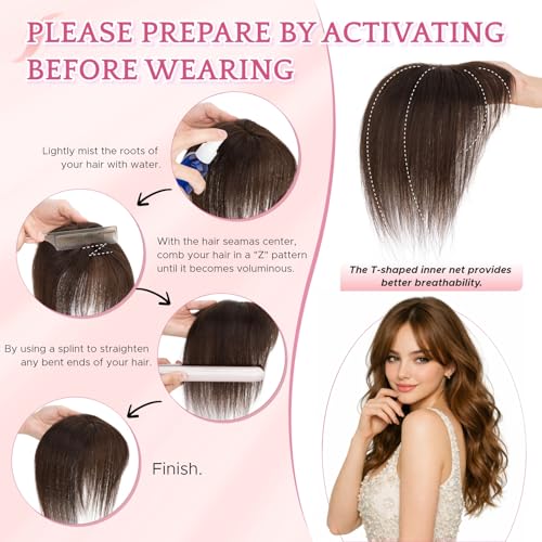 Human Hair Topper with Wispy Bangs for Women - 3.14x4.33 inch Clip-In Volume Enhancer Dark Brown #B-02