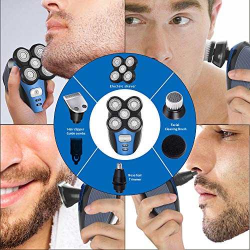 Roziahome Electric Razor for Men Bald Head Shaver 5 in 1 Grooming Kit Rechargeable Cordless Wet Dry Rotary Shaver Clippers Nose Hair Trimmer Facial Cleansing Brush Pop-up Trimmer