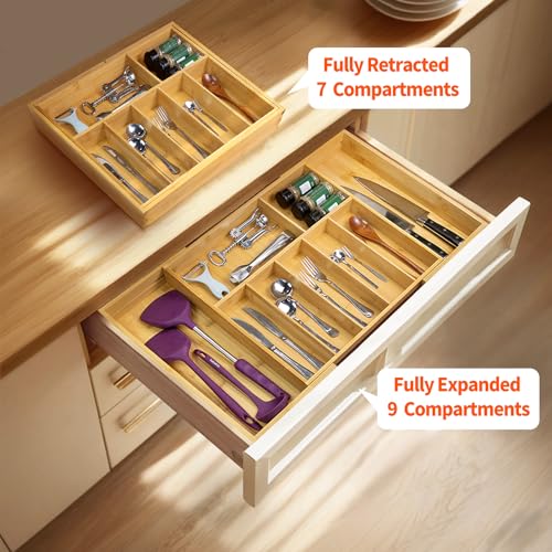 Large Bamboo Drawer Organizer for Kitchen Cutlery & Flatware - Expandable