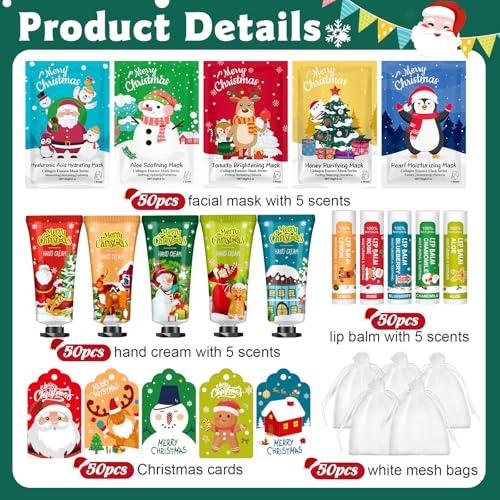 50 Pack Christmas Hand Cream, Facial Mask and Lip Balm Gift Set, Stocking Stuffers for Women, Bulk Christmas Gifts with Christmas Cards Organza Bag for Christmas Party Supplies, Christmas Decorations