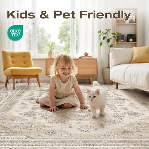 Beige 9x12 Washable Area Rug - Vintage Style, Soft Non-Slip Living Room Carpet