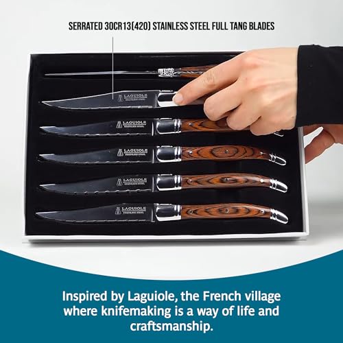 Trudeau Laguiole Steak Knives Set of 6 - Premium Stainless Steel & Pakkawood Handles