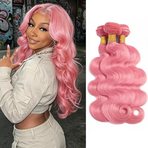 Pink Body Wave Human Hair Bundles - 3 Pack 10-14 Inch Brazilian Virgin Hair