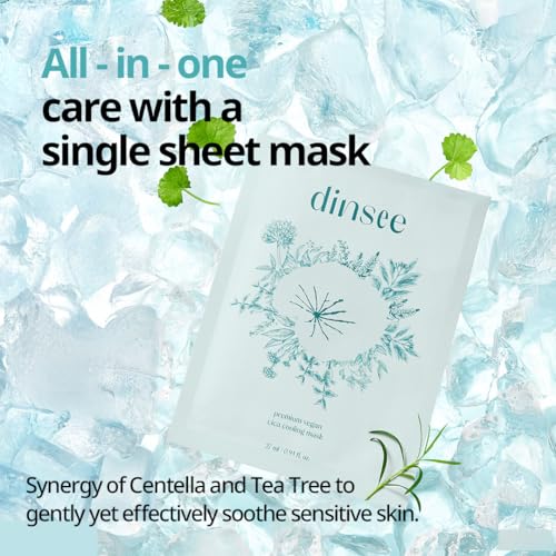 DINSEE Premium Vegan Cica Cooling Mask Sheet- Instant Calm & Glow, Skin Softening Facial Mask, Centella Asiatica & Hyaluronic Acid for Hydration, 27mlx5ea