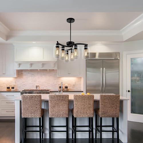 Black Farmhouse Chandelier - 6-Light Modern Pendant Light Fixture with Adjustable Height