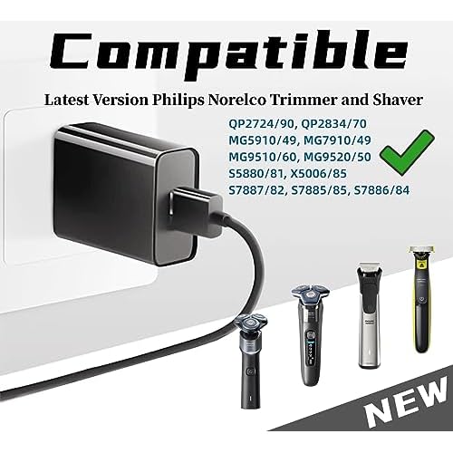 Qjin 5V USB Charger for Philips Norelco OneBlade QP1424 QP1924 QP2724 QP2834 QP4530, Shaver X9000 HS7980 S7887 S5880 S3242 & Multigroom MG9520 MG7910 MG5910 MG3939 Trimmer