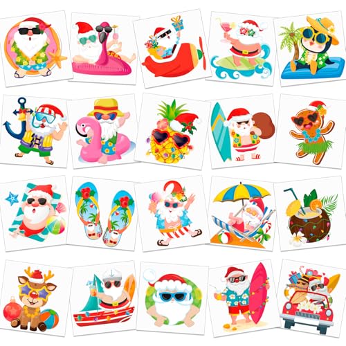 HOWAF 96 Pcs Hawaiian Christmas Temporary Tattoos, Tropical Christmas Party Decoration Waterproof Tattoos for Hawaiian Xmas, Hawaiian Flamingo Santa Tattoo Stickers for Mele Kalikimaka Decorations