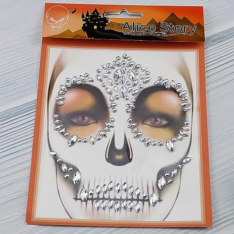 3Pack Sugar Skull Face Gems Jewels Day of the Dead Face Temporary Tattoo Glitter Rhinestone Stickers for Makeup Skeleton Face Gems for Halloween Party Festival Accessory and Nail Art Decorations