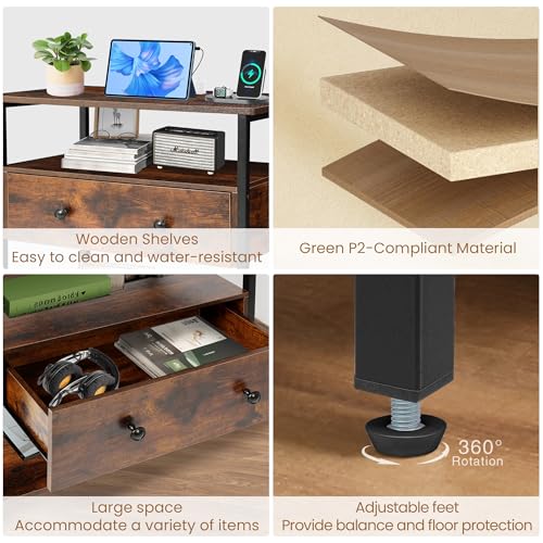 27-Inch Nightstand with Charging Station, Drawer & Open Shelves - Retro Brown - Variation of THIS listing