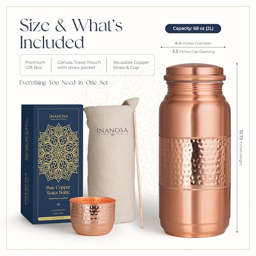 Inanosa 68 oz Copper Water Bottle Set with Cup Straw & Canvas Bag - Hand-Hammered Lab-Tested